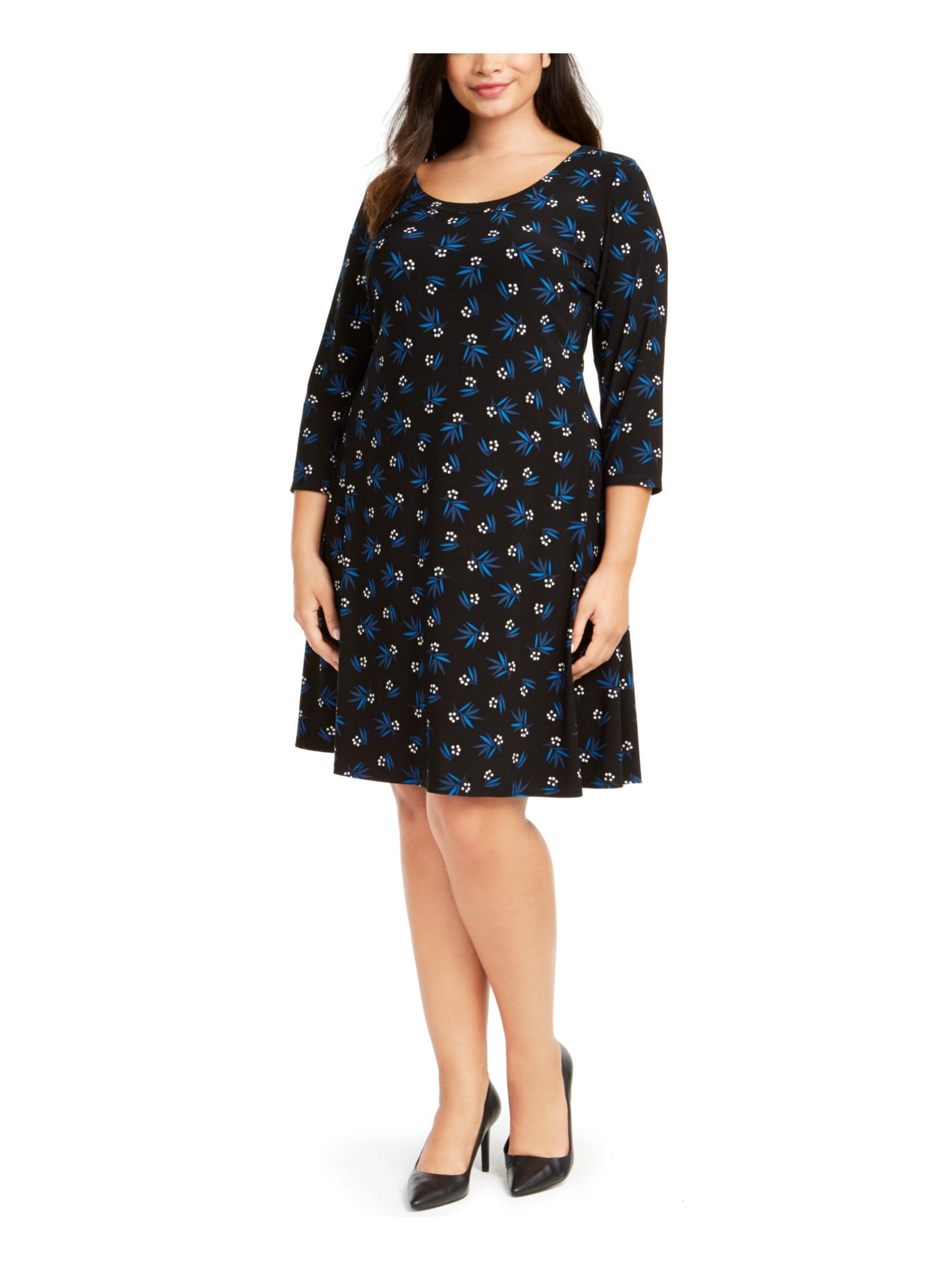 Vestido feminino Anne Klein com manga 3/4 e comprimento até o joelho, preto, tamanho 1X