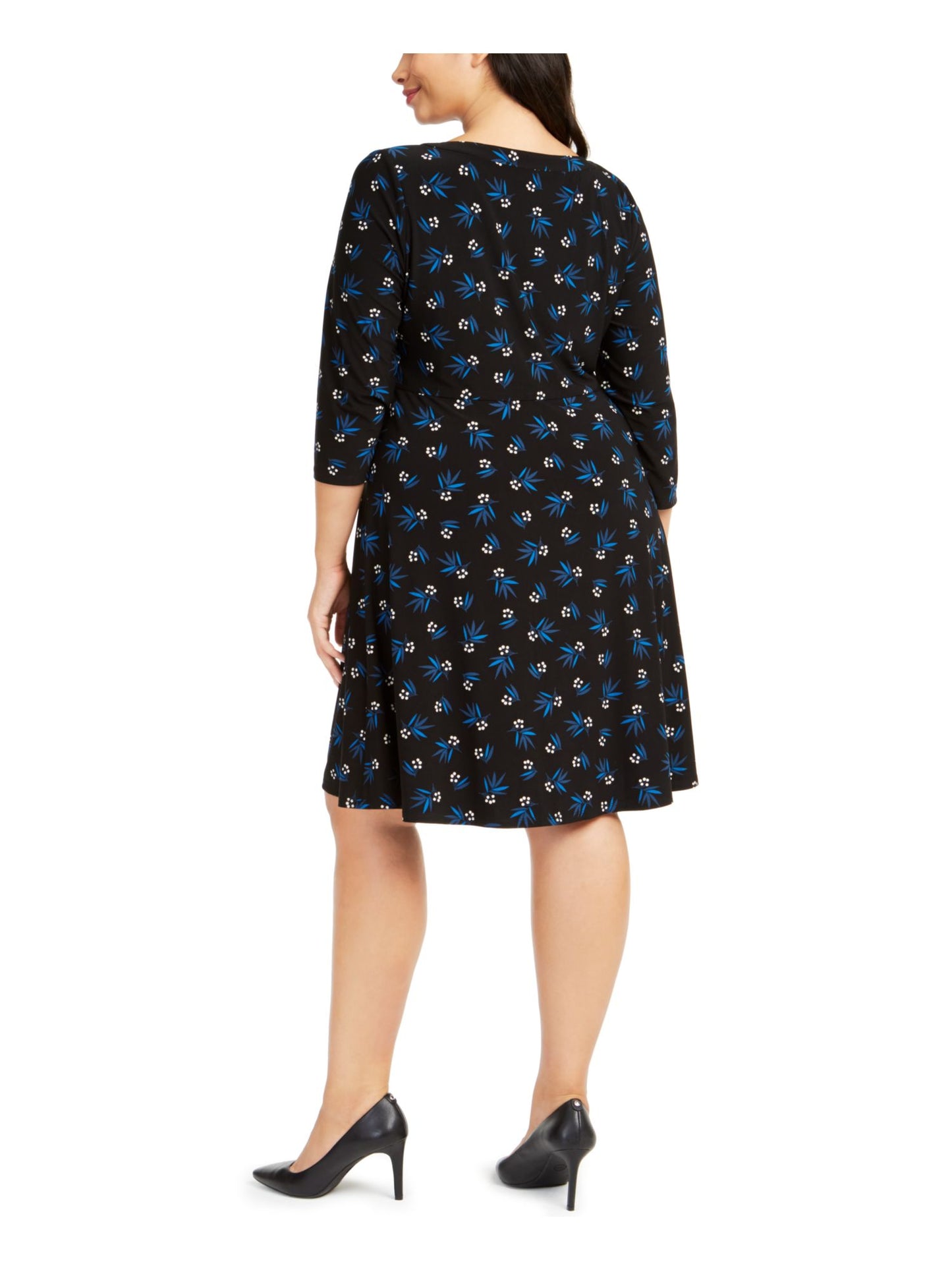 Vestido feminino Anne Klein com manga 3/4 e comprimento até o joelho, preto, tamanho 1X