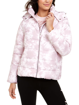 Jaqueta Puffer Feminina Calvin Klein Estampada com Zíper, Branca e Lilás, Tamanho Médio