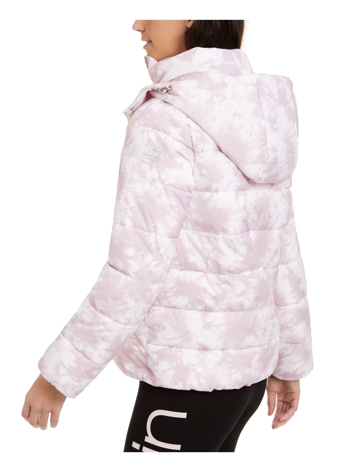 Jaqueta Puffer Feminina Calvin Klein Estampada com Zíper, Branca e Lilás, Tamanho Médio