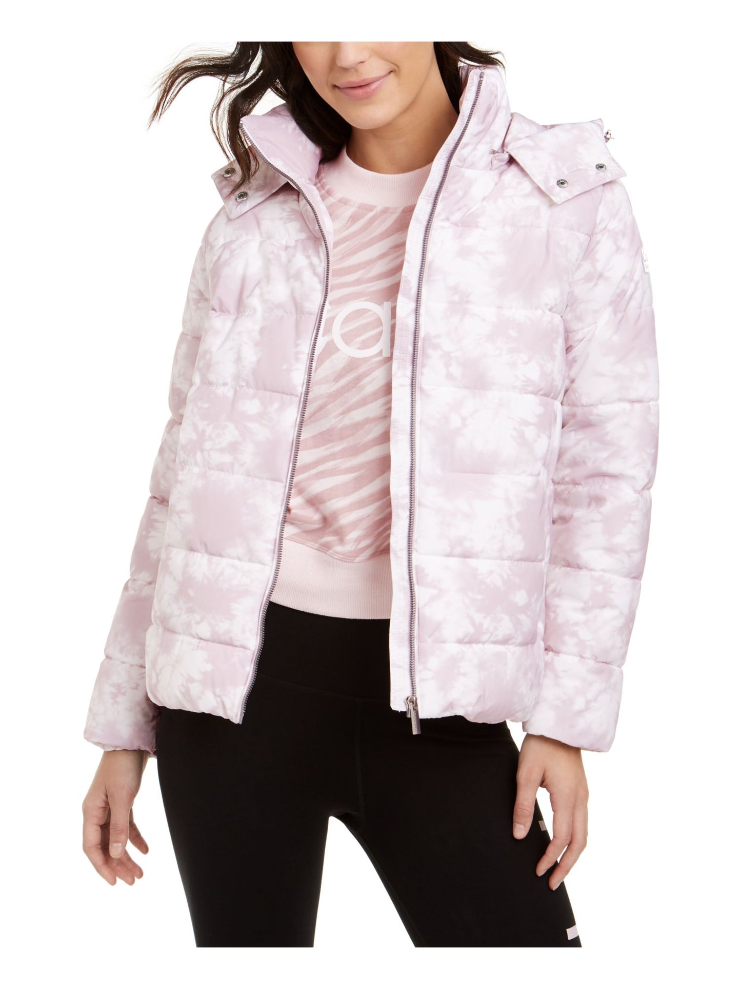 Jaqueta Puffer Feminina Calvin Klein Estampada com Zíper, Branca e Lilás, Tamanho Médio