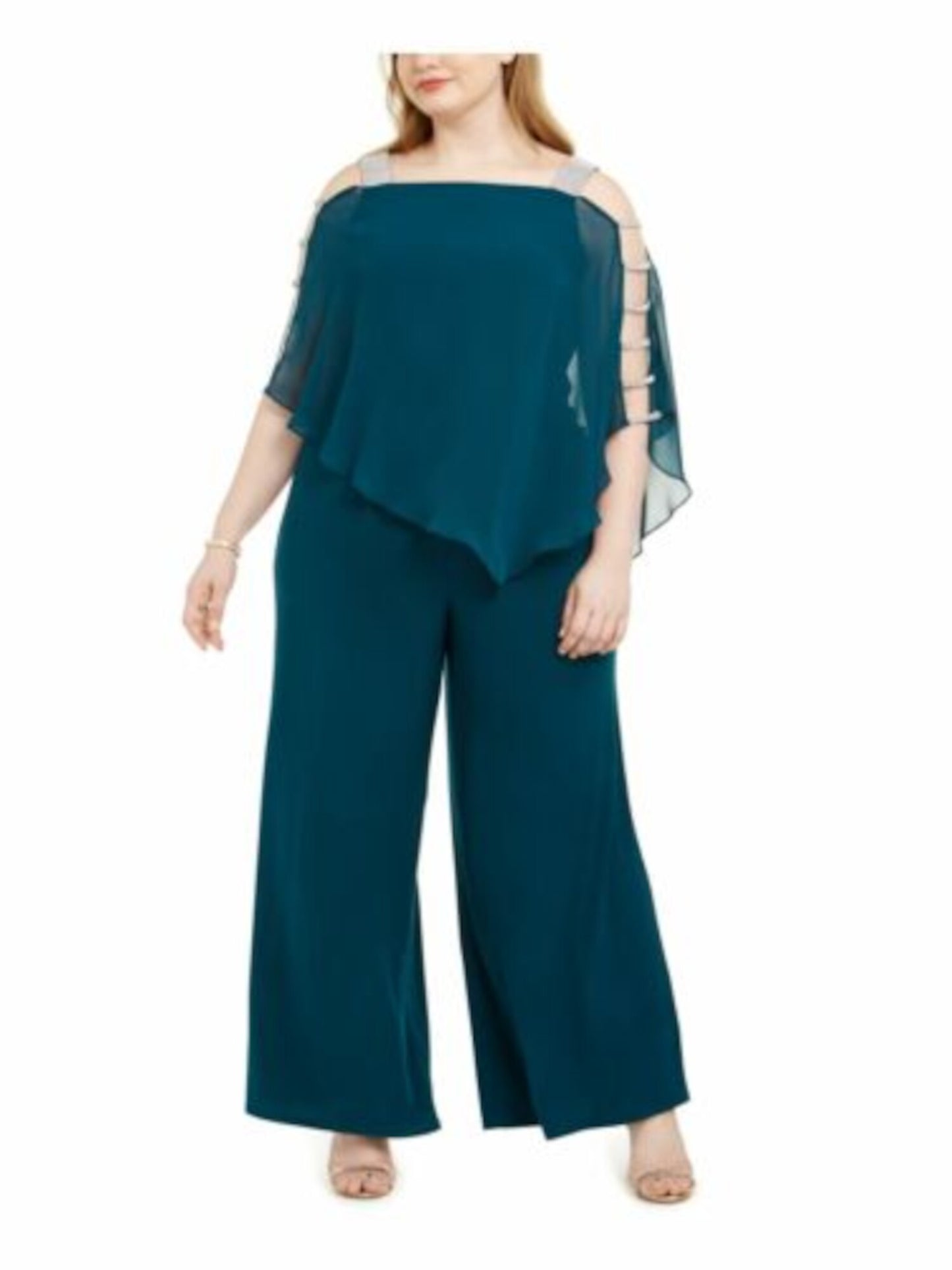 Macacão feminino MSK azul-petróleo com ombros descobertos, manga 3/4, decote quadrado, perna larga, tamanho 2X