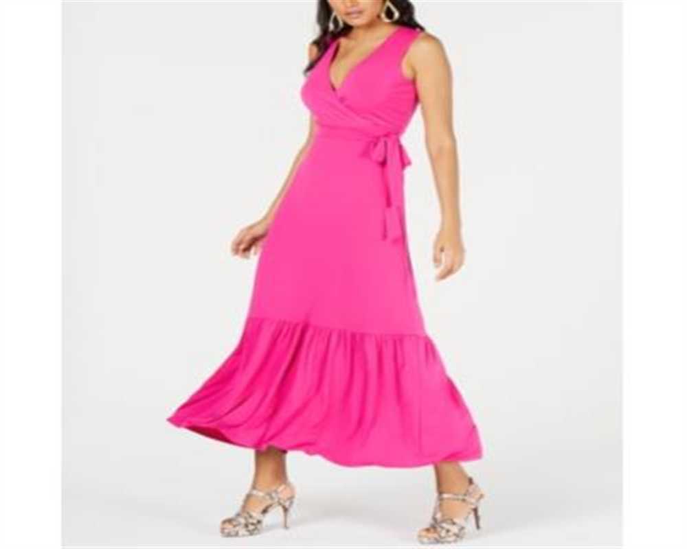 Vestido longo feminino Thalia Sodi com babados e estampa de envelope falso, rosa, tamanho extragrande