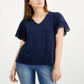 Top feminino Charter Club com decote em V e acabamento em renda, azul, tamanho grande
