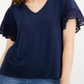 Top feminino Charter Club com decote em V e acabamento em renda, azul, tamanho grande