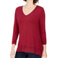 Top feminino liso de manga comprida com decote em V, tamanho médio, vermelho, estilo &amp; co