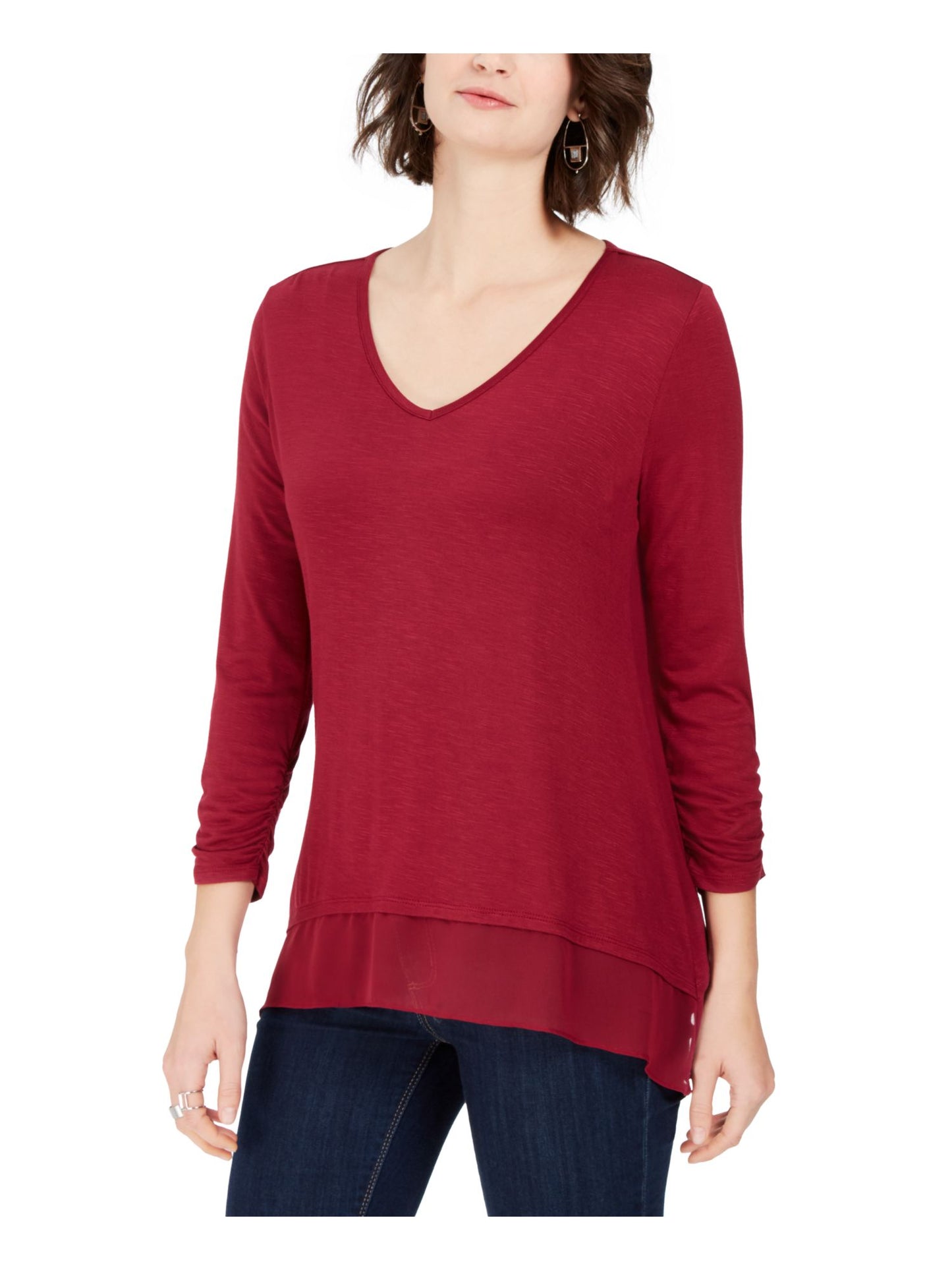 Top feminino liso de manga comprida com decote em V, tamanho médio, vermelho, estilo &amp; co