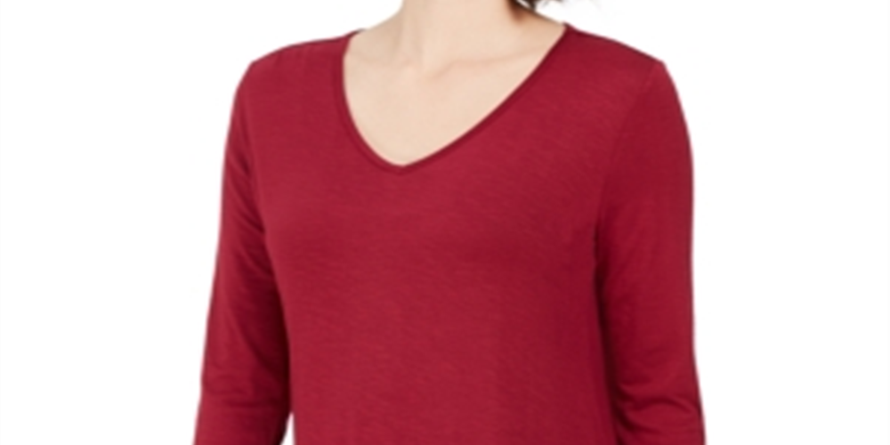 Top feminino liso de manga comprida com decote em V, tamanho médio, vermelho, estilo &amp; co