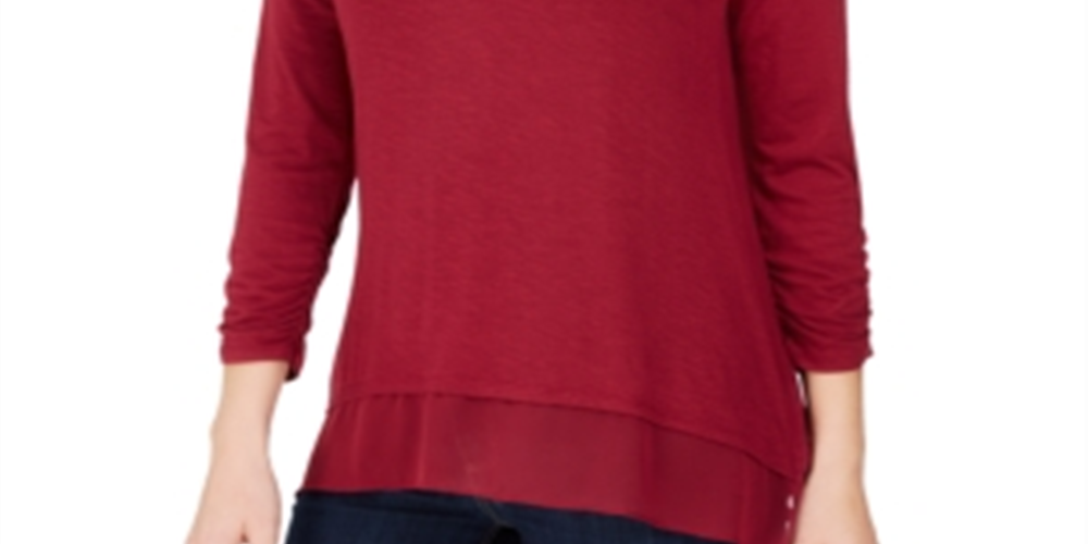 Top feminino liso de manga comprida com decote em V, tamanho médio, vermelho, estilo &amp; co