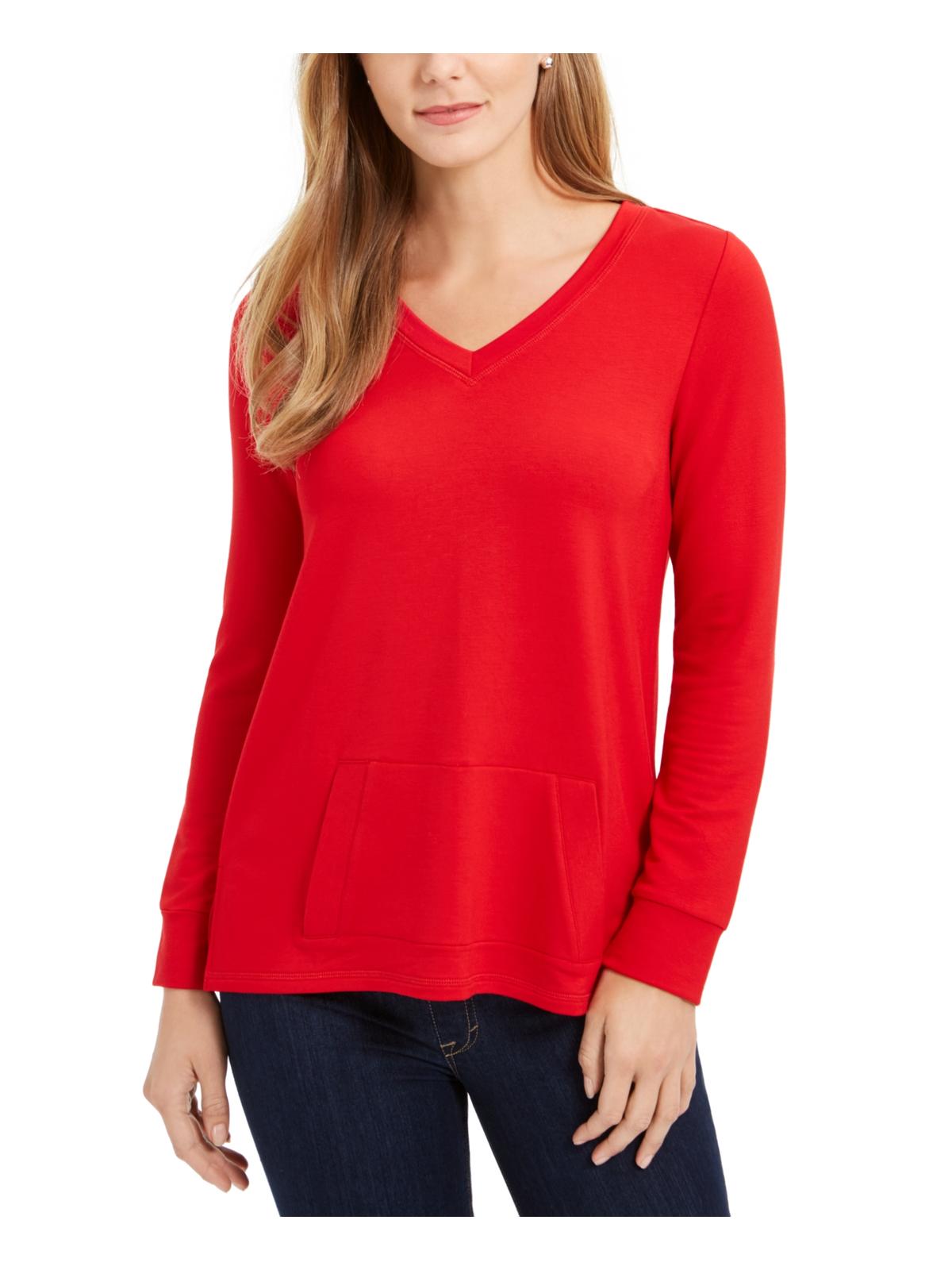 Blusa feminina Charter Club com bolso canguru e decote em V, vermelha, tamanho extragrande