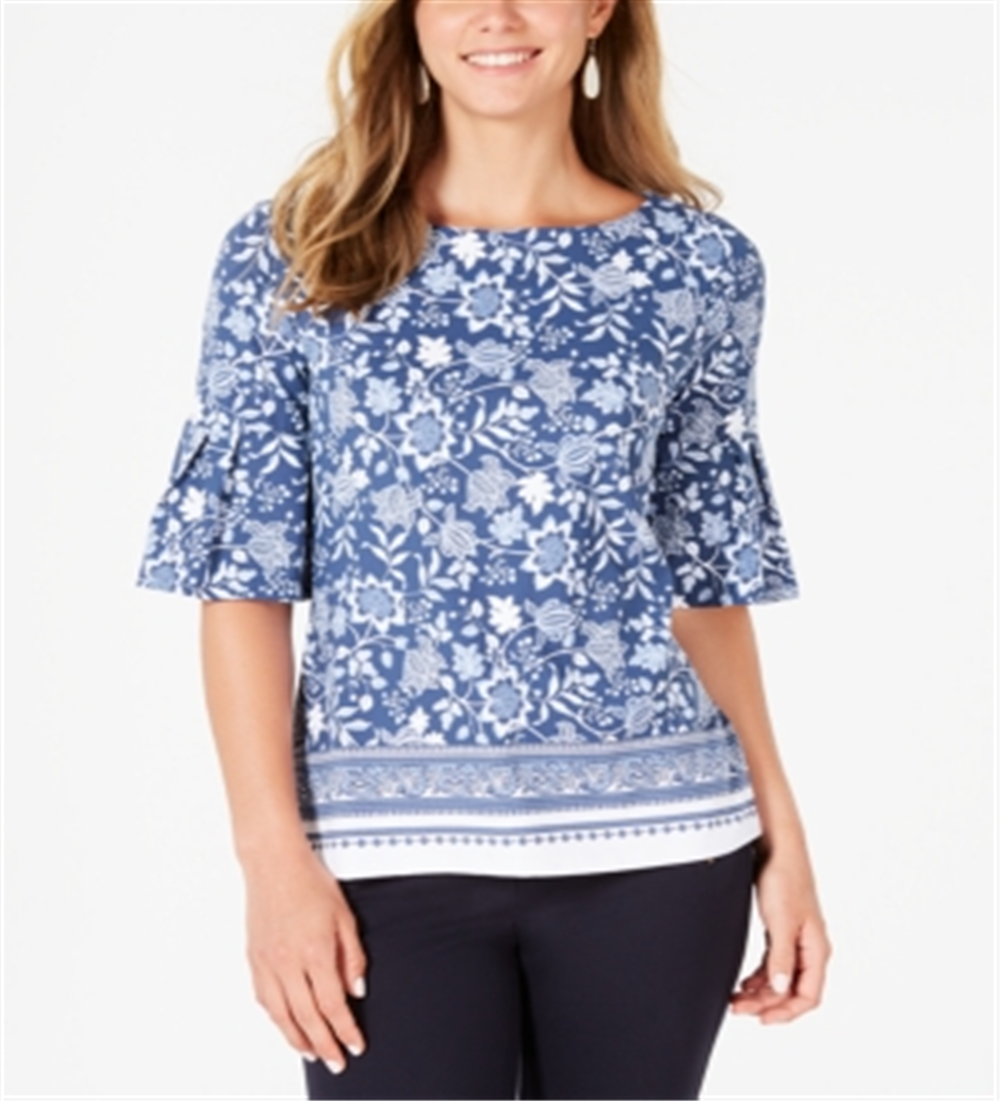 Blusa feminina estampada com manga sino Charter Club, azul, tamanho pequeno