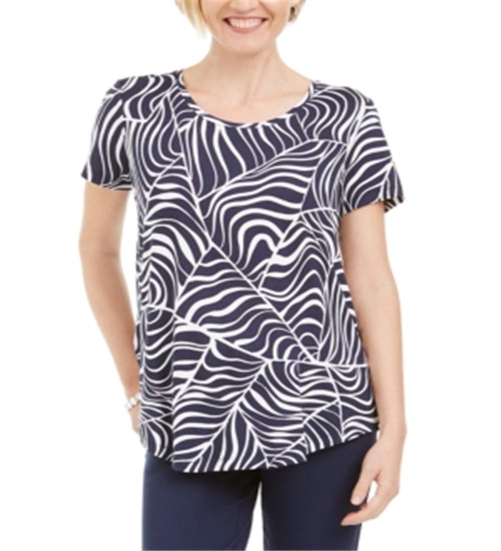 Camiseta feminina estampada manga curta JM Collection azul tamanho pequeno