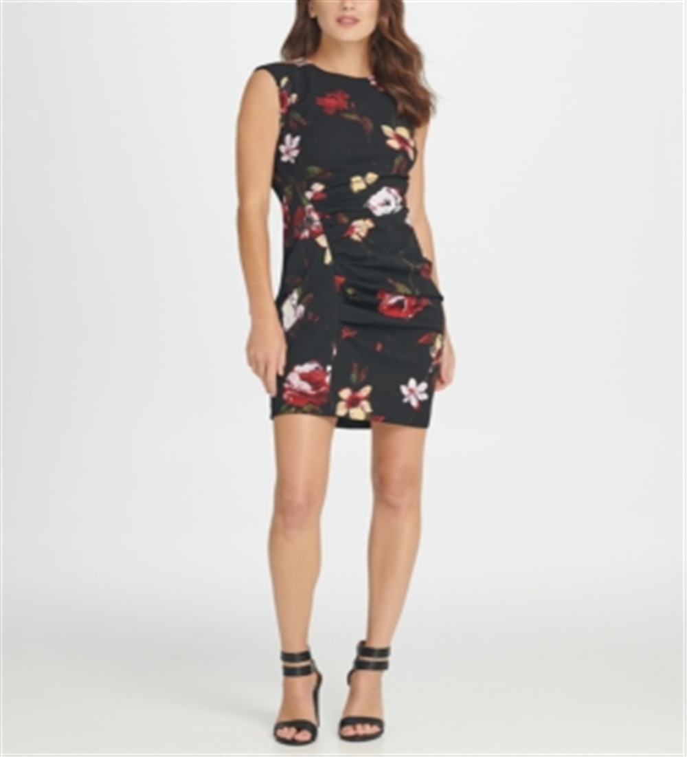 Vestido tubinho com estampa floral franzida DKNY feminino, preto, tamanho 12