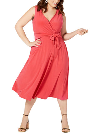 Vestido feminino Love Squared plus size com amarração na cintura e decote em V, cor sólida, laranja, tamanho 3X