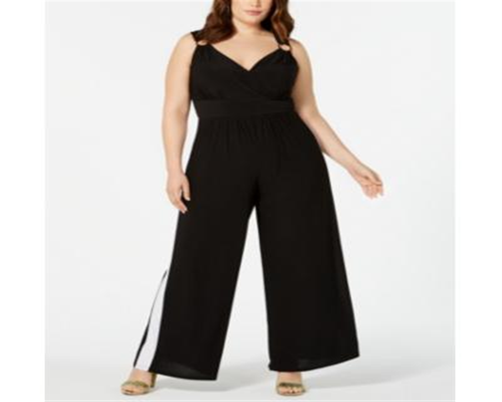 Love Squared Macacão Feminino Plus Listrado com Gola Sobrepeliz Preto Tamanho 2X
