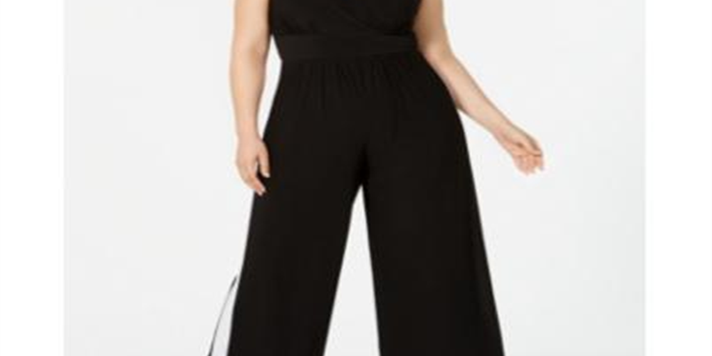 Love Squared Macacão Feminino Plus Listrado com Gola Sobrepeliz Preto Tamanho 2X