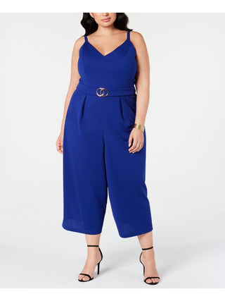 Macacão feminino com alças finas e decote em V, perna larga, azul, tamanho 2X