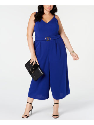 Macacão feminino com alças finas e decote em V, perna larga, azul, tamanho 2X