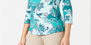 Charter Club Feminino Pima Algodão Botão Ombro Estampado Blusa Verde Tamanho Pequeno Pequeno