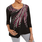 JM Collection Top feminino estampado e enfeitado, preto, tamanho X-S