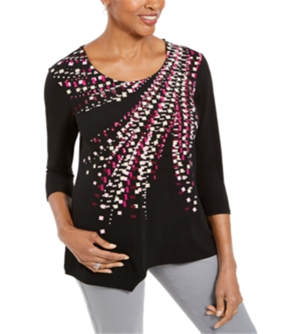 JM Collection Top feminino estampado e enfeitado, preto, tamanho X-S