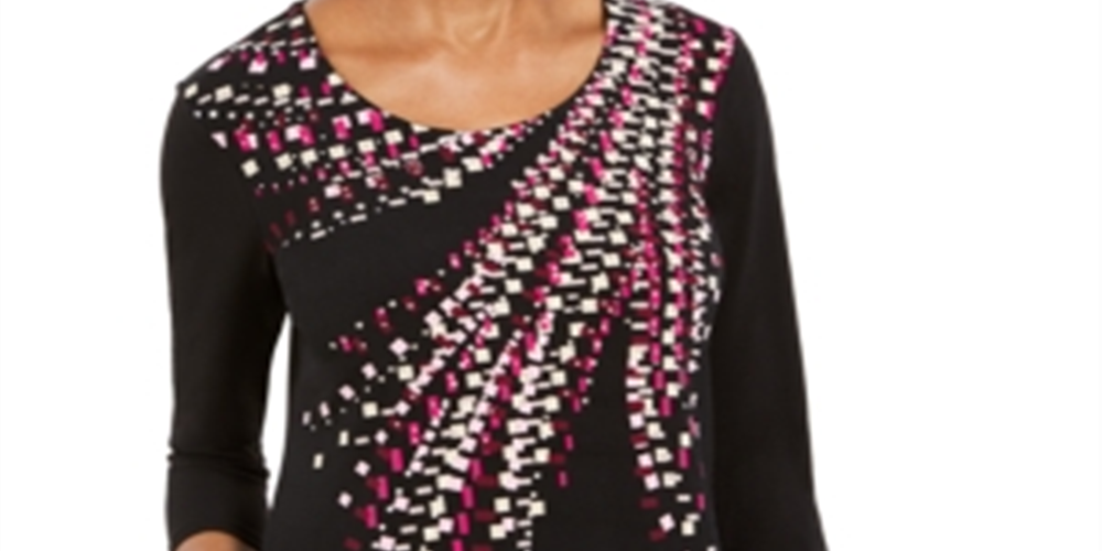 JM Collection Top feminino estampado e enfeitado, preto, tamanho X-S