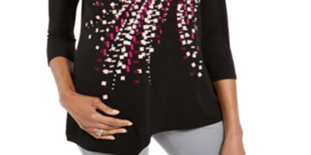 JM Collection Top feminino estampado e enfeitado, preto, tamanho X-S