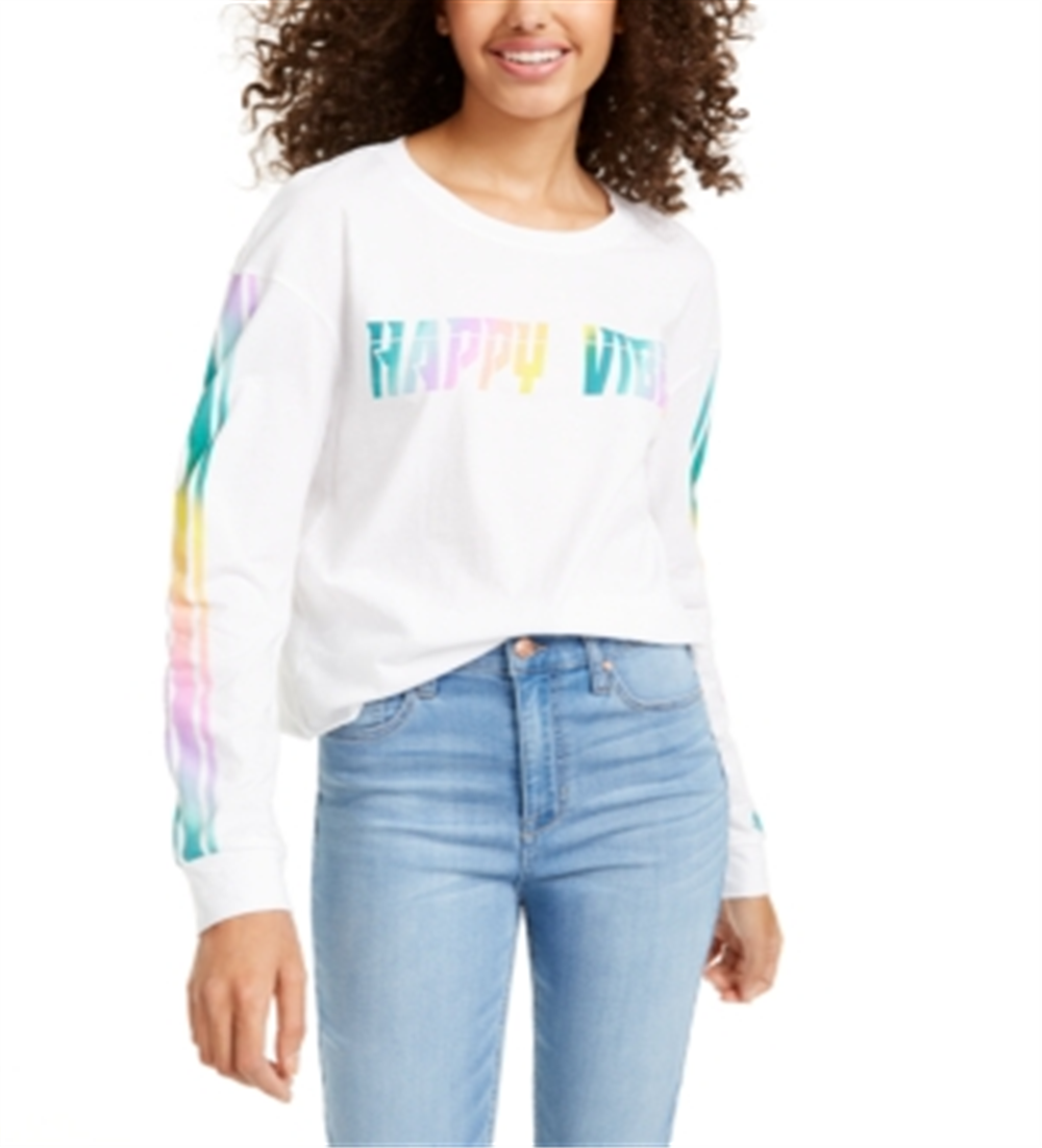 Camiseta estampada manga comprida Rebellious One Junior's Happy Vibes, branca, tamanho grande