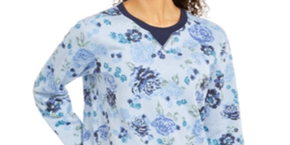 Moletom feminino Karen Scott com estampa de gola redonda, azul, tamanho pequeno P