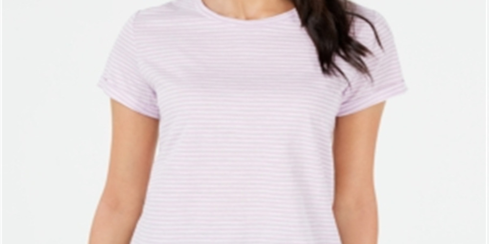 Camiseta feminina listrada Maison Jules com gola redonda, roxa, tamanho XS