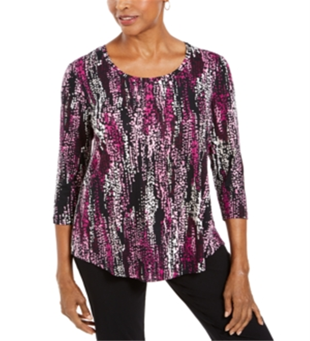 Top estampado feminino JM Collection com decote redondo, preto, tamanho X-S