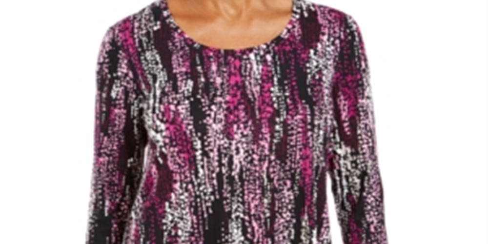 Top estampado feminino JM Collection com decote redondo, preto, tamanho X-S