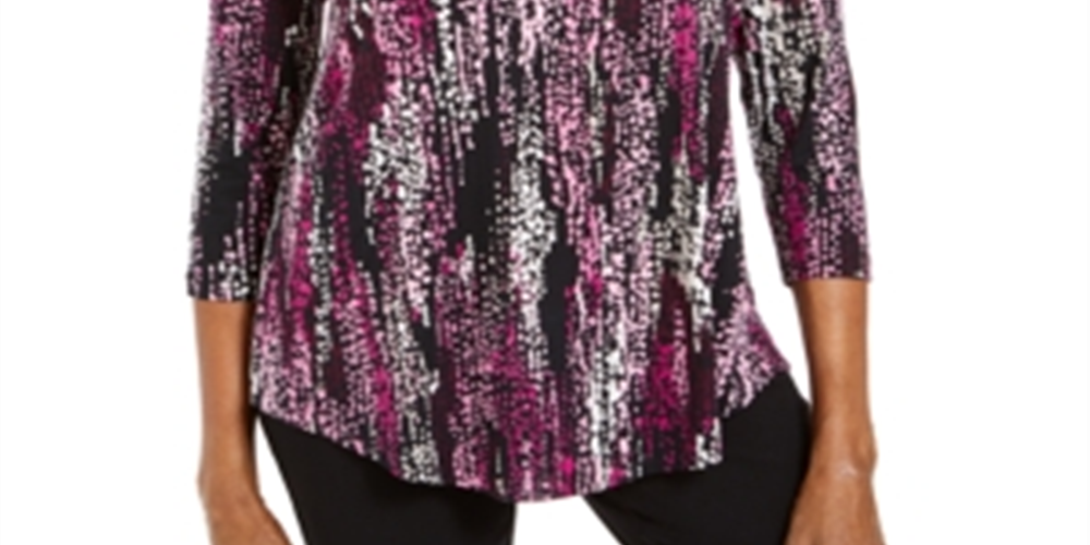 Top estampado feminino JM Collection com decote redondo, preto, tamanho X-S