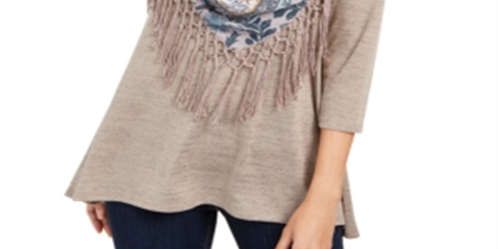 Blusa feminina com franjas e gola alta, cinza, tamanho extrapequeno, da Style &amp; Co