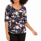 Blusa feminina NY Collection estampada com mangas bufantes e abas dobradas, estilo camponês, preta, roxa, tamanho pequeno GG