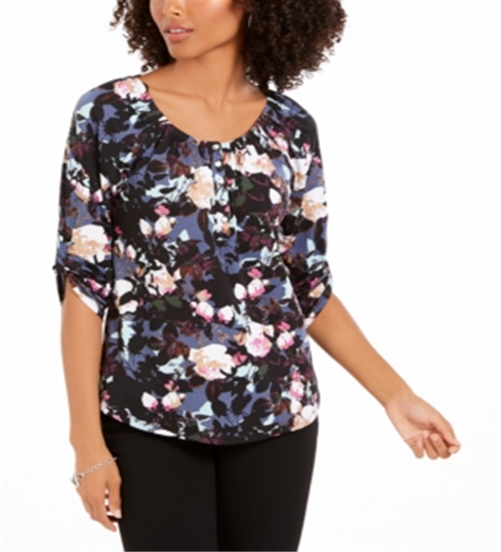 Blusa feminina NY Collection estampada com mangas bufantes e abas dobradas, estilo camponês, preta, roxa, tamanho pequeno GG