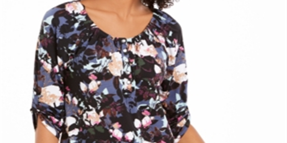 Blusa feminina NY Collection estampada com mangas bufantes e abas dobradas, estilo camponês, preta, roxa, tamanho pequeno GG