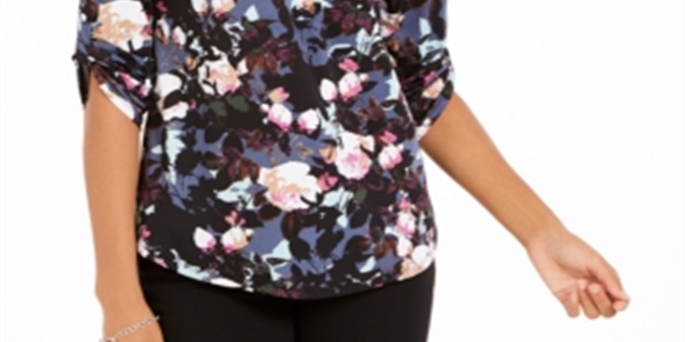 Blusa feminina NY Collection estampada com mangas bufantes e abas dobradas, estilo camponês, preta, roxa, tamanho pequeno GG