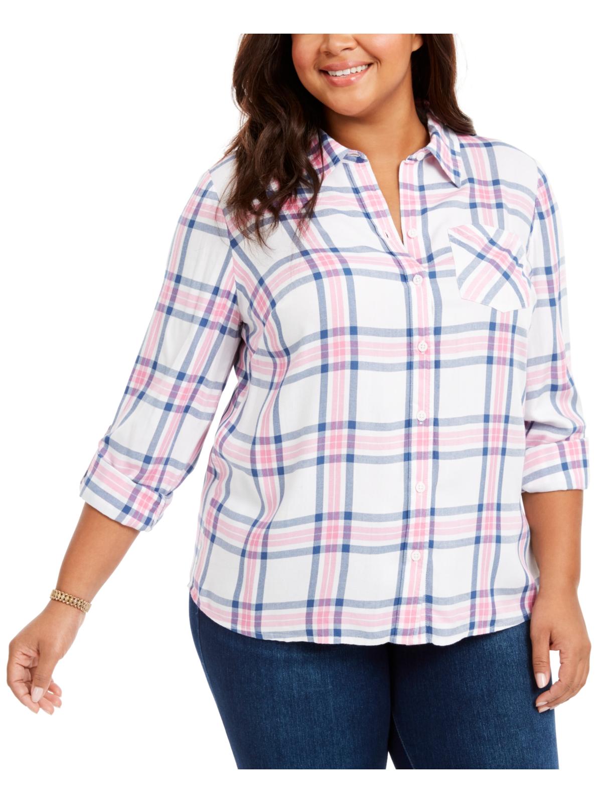 Blusa xadrez feminina estilo &amp; co com botões frontais, branca, tamanho 0X