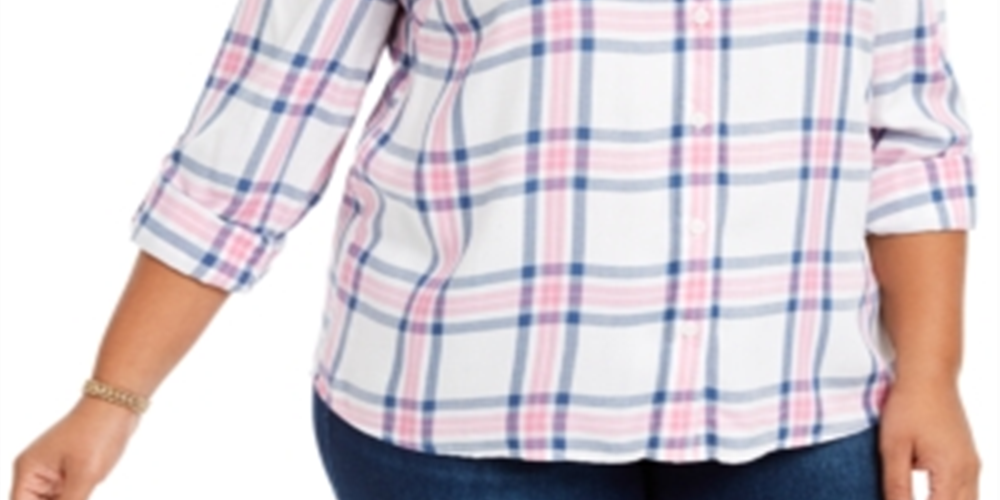 Blusa xadrez feminina estilo &amp; co com botões frontais, branca, tamanho 0X