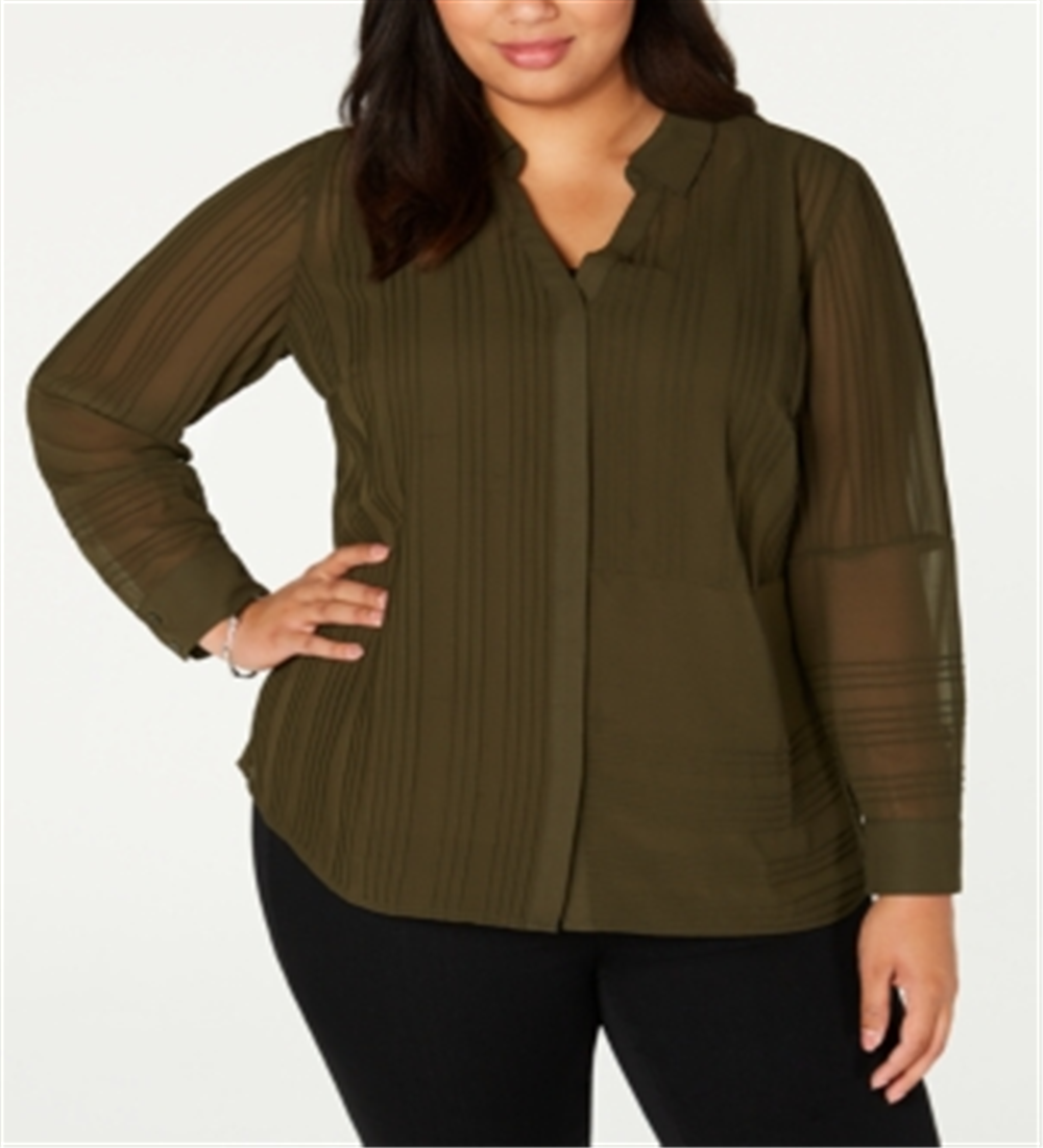 Blusa texturizada com botões frontais Alfani Plus para mulheres, verde, tamanho 3X