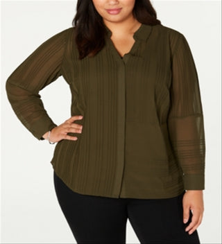 Blusa texturizada com botões frontais Alfani Plus para mulheres, verde, tamanho 3X