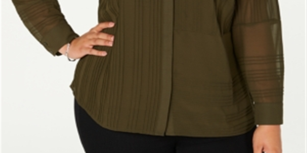 Blusa texturizada com botões frontais Alfani Plus para mulheres, verde, tamanho 3X
