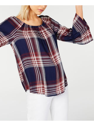 BCX Women's Plaid Bell Sleeve Jewel Neck Peasant Top Blue Size Small