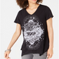 Camiseta feminina com estampa gráfica e bainha em lenço, estilo &amp; co, preta, tamanho extrapequeno