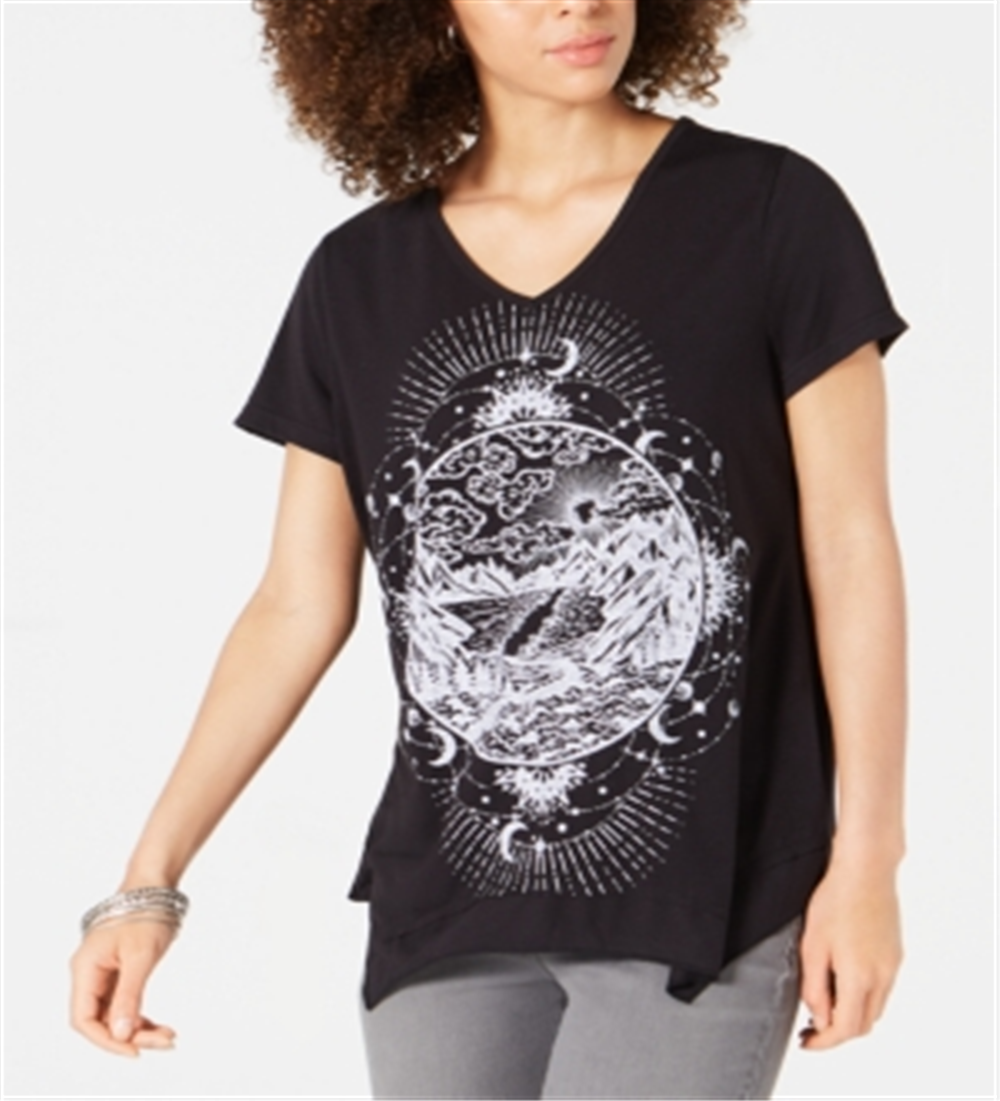 Camiseta feminina com estampa gráfica e bainha em lenço, estilo &amp; co, preta, tamanho extrapequeno