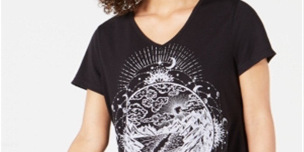 Camiseta feminina com estampa gráfica e bainha em lenço, estilo &amp; co, preta, tamanho extrapequeno
