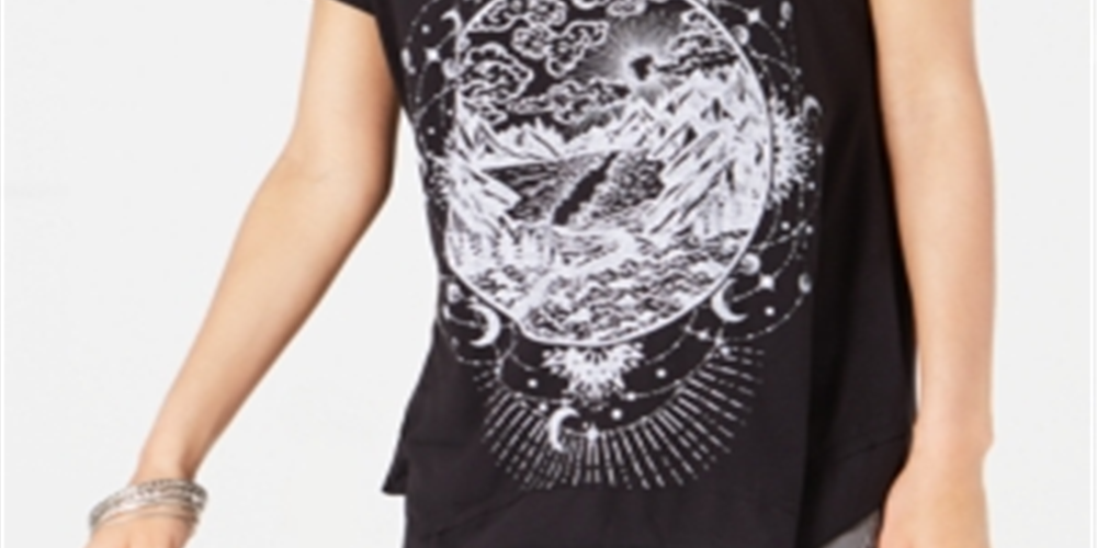 Camiseta feminina com estampa gráfica e bainha em lenço, estilo &amp; co, preta, tamanho extrapequeno