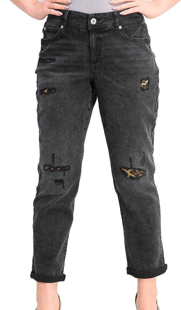 Calça jeans feminina estilo boyfriend com estampa animal destruída da INC International Concepts, tamanho 4, cinza