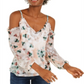 Blusa feminina estampada com ombros descobertos, tamanho pequeno, branca, da INC International Concepts